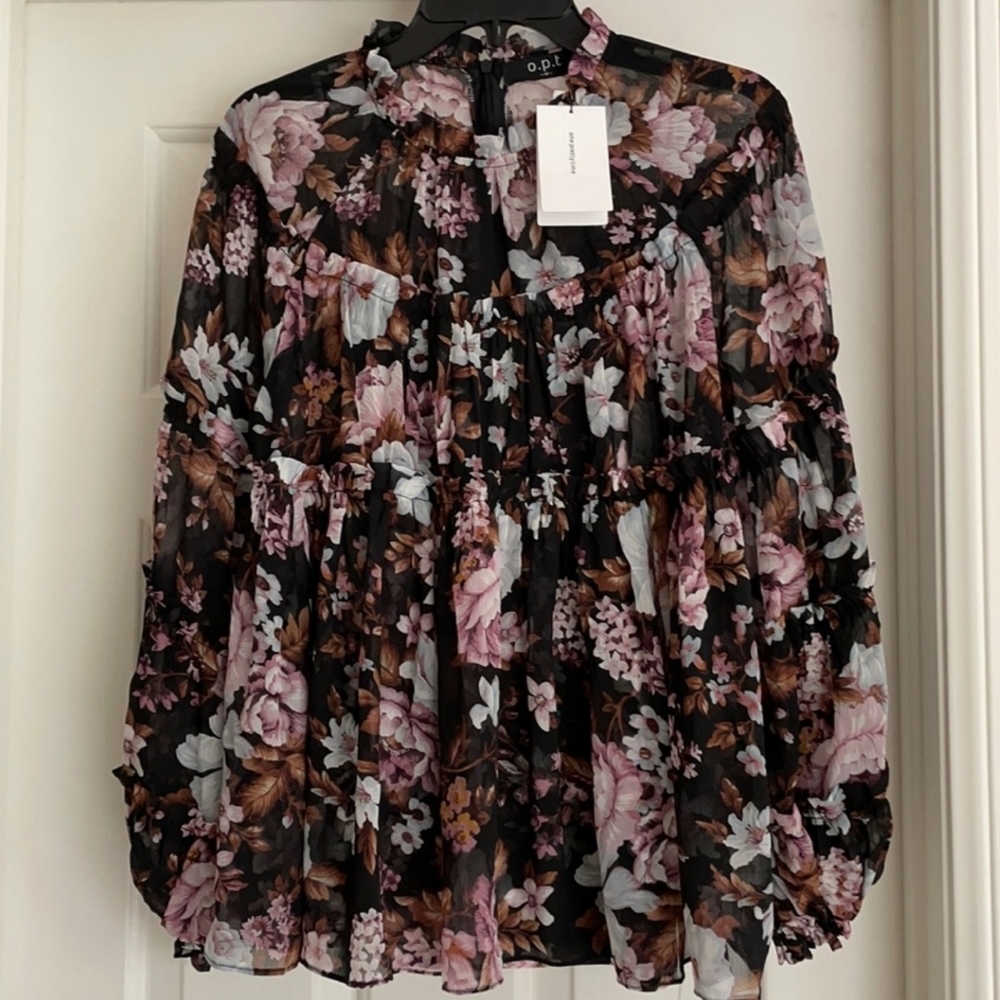NWT Anthropologie o.p.t. Floral Ruffled Detailed Long Sleeve Blouse in Black